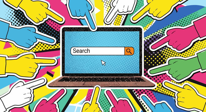 Many fingers pointing at a laptop with a search bar, symbolizing online scrutiny and judgment.