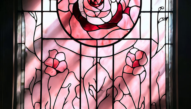 Complessa Vetratra Colorata con Motivo a Rosa e Motivi Floreali in vetrofusione, Stained Glass Complex with Rose Pattern and Floral Motifs in Fused Glass