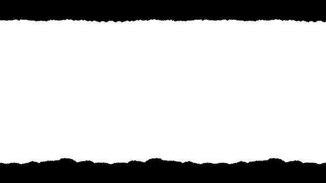 Horizontal paper strip with tiny rough edges and visible fiber texture. Black and white luma matte mask for video title reveals, paper rip transitions, and stop-motion collage effects.