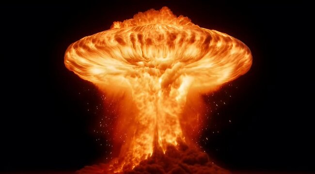 Nuclear explosion mushroom cloud with fire and smoke, cinematic atomic bomb blast on black background, powerful volcanic eruption of flames