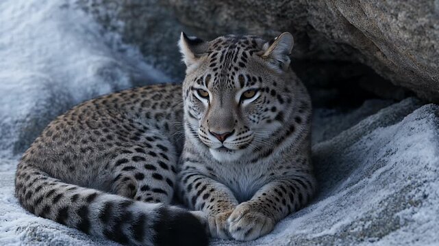 Snow leopard resting in rocky mountain cave, majestic wild cat with spotted fur in winter habitat, elusive predator lying on cold stone