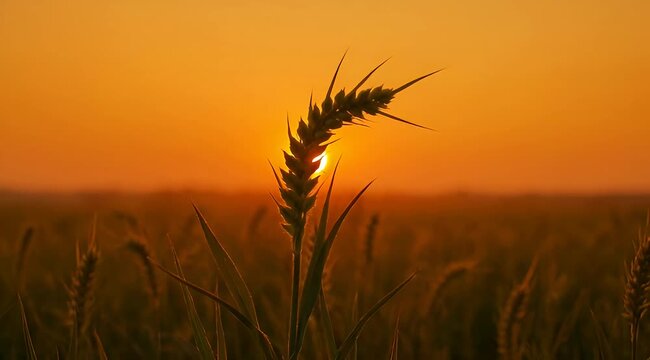Golden wheat ear silhouette at sunset, ripe cereal grain field under orange sky, agricultural harvest landscape in warm evening light