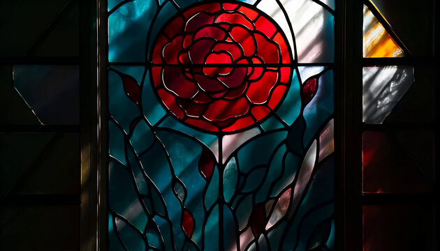 Complessa Vetratra Colorata con Motivo a Rosa e Motivi Floreali in vetrofusione, Stained Glass Complex with Rose Pattern and Floral Motifs in Fused Glass