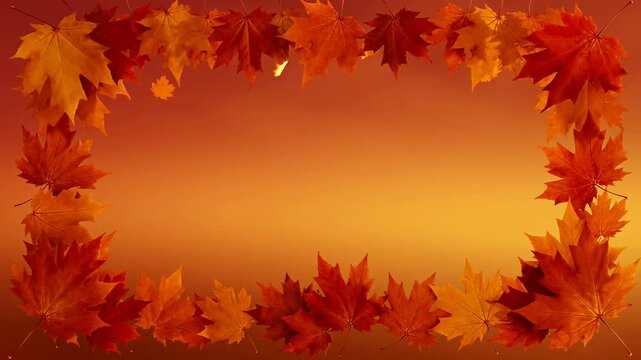 Autumn maple leaf frame on orange background, seasonal fall foliage border for text, vibrant red and gold leaves decorative video backdrop