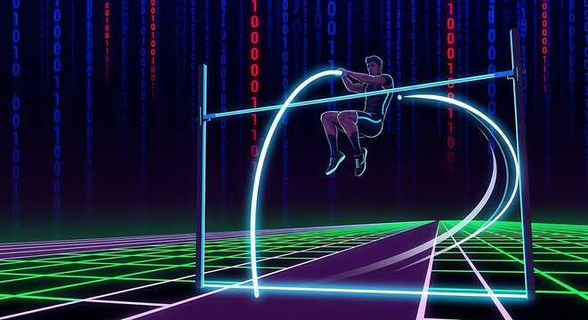 Athlete clearing high jump in digital environment