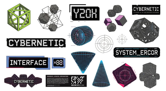 Cybernetic Abstract Geometric Shapes, Glitch Art, Retro Sci-Fi Tech Elements, Futuristic Design