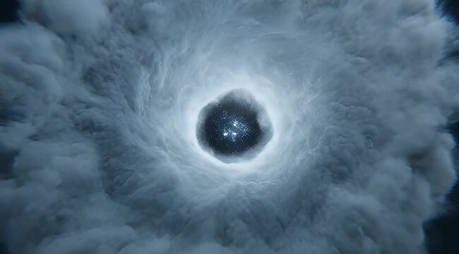 Cinematic storm clouds swirling in a dark vortex, dramatic hurricane eye view, ethereal blue smoke tunnel for sci-fi and weather backgrounds