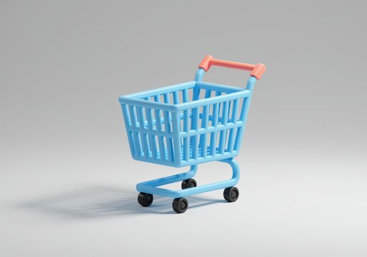 Small 3 d rendered light blue shopping cart with a soft peach handle 3d isolated on a plain neutral gray background