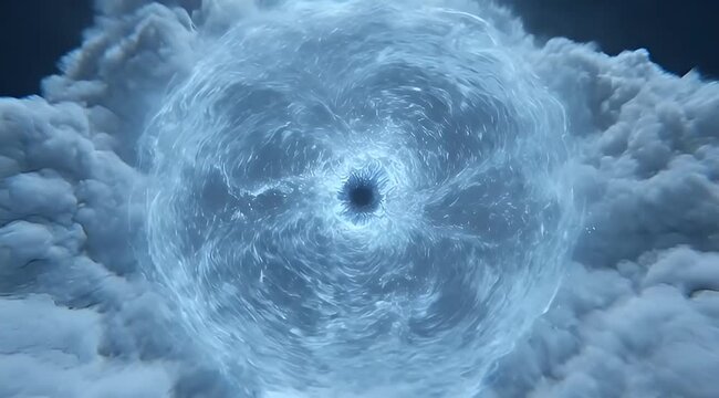 Cinematic storm portal in dark clouds, swirling blue energy vortex, mystical atmospheric weather phenomenon for sci-fi and fantasy backgrounds