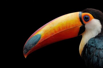 Fototapeta premium Colorful toucan with large beak tropical bird with black plumage and vibrant orange bill