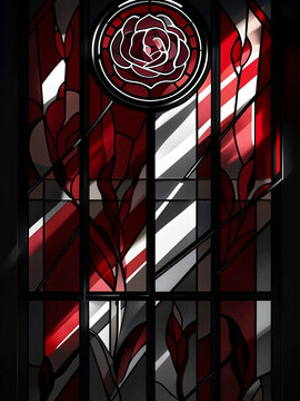 Complessa Vetratra Colorata con Motivo a Rosa e Motivi Floreali in vetrofusione, Stained Glass Complex with Rose Pattern and Floral Motifs in Fused Glass