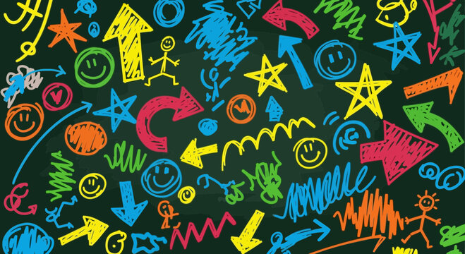 Colorful Chalk Drawings of Arrows, Stars, Smiley Faces, and Figures on a Black Chalkboard