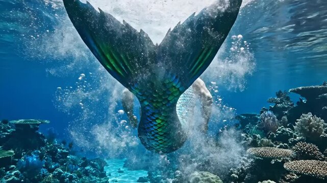 A mythical aquatic humanoid swimming underwater with an iridescent tail near a coral reef, surrounded by bubbles. High quality fantasy aquatic scene.