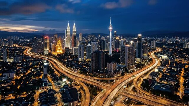 A panoramic aerial night view of Kuala Lumpur skyline, glowing towers and highways stretching across the city, deep blue twilight sky contrasting with warm city lights, dynamic urban composition with