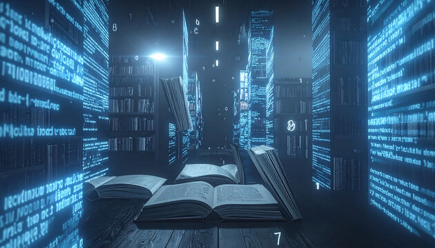 A mesmerizing convergence of traditional knowledge and futuristic technology, where physical books meet flowing digital data streams in a vibrant, illuminated cyber library
