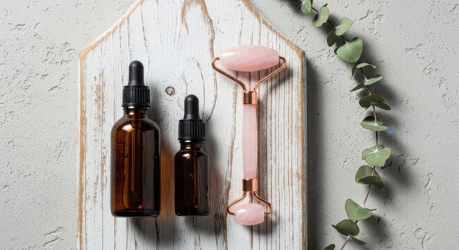 Beauty and skincare products with rose quartz facial roller and glass dropper bottles on a wooden board with eucalyptus leaves