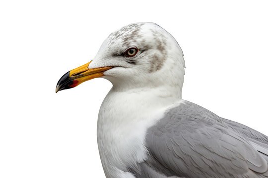 Seagull close up portrait shot on transparent background, wild bird looking left, wildlife isolated, avian nature