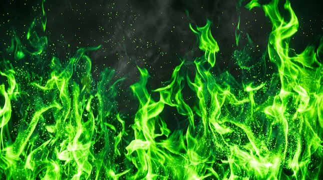 Vibrant green fire flames rise high in a dark atmosphere for a dramatic wallpaper background.