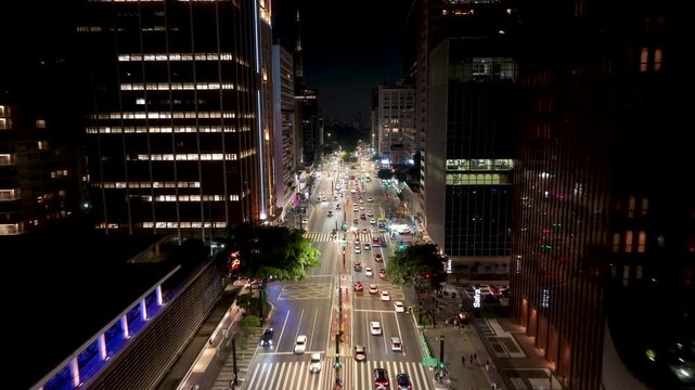 Paulista Avenue In Sao Paulo Brazil. Modern City Center With Skyscrapers Reflecting The Urban Life. Building Infrastructure Skyline Buildings Busy. Buildings Architecture Night. Sao Paulo Brazil.