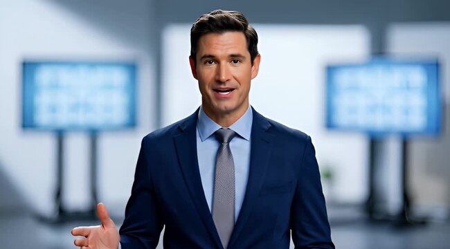 Professional news anchor reporting in television studio, male journalist in blue suit presenting broadcast, media correspondent speaking on camera