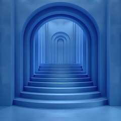 Fototapeta premium A blue staircase with arches leading to a distant doorway