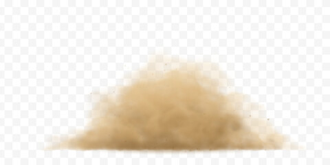 Dust cloud with sandy particles on transparent background. Realistic brown sand effect for desert storm scenes and dirt splash overlays. © TanyaFox