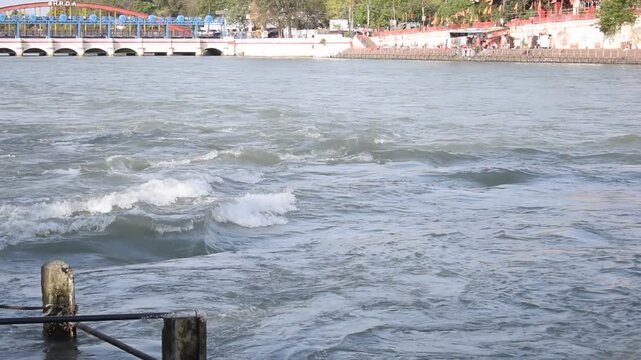 Ganga as seen at Har Ki Paudi in Haridwar, Uttarakhand, India. River Ganga is believed to be the holiest river for Hindus, Haridwar Valley on the Ganges river, India