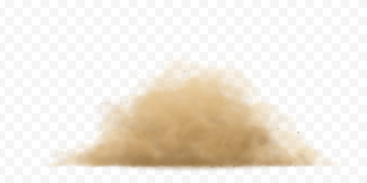 Dust cloud with sandy particles on transparent background. Realistic brown sand effect for desert storm scenes and dirt splash overlays.