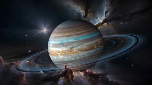 Rotating jupiter planet with rings in cosmic space 4K Ai HD high quality video.