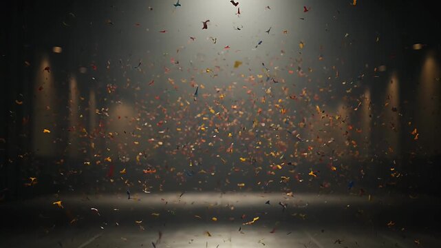 Golden confetti falling on empty theater stage, cinematic spotlight illuminating dark concert hall, festive celebration background for performance