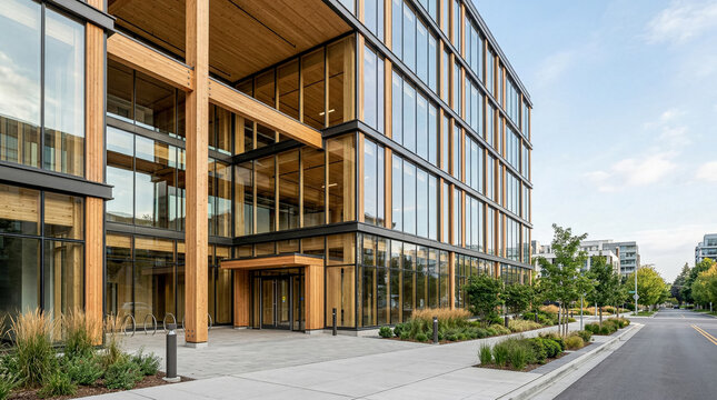 Urban mass timber office facade with glass curtain wall and exposed wood frame