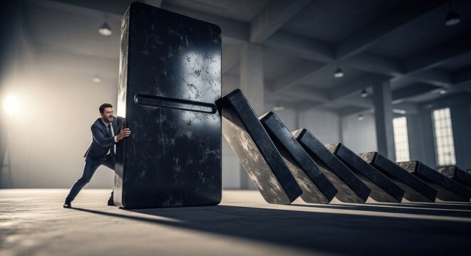 Man in suit pushing large domino, others falling in an industrial space