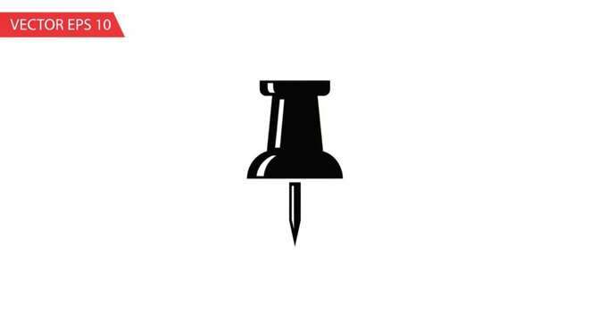 A minimalist vector graphic of a black push pin on a white background