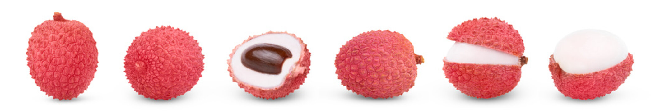 Isolated juicy red lychee and half of pink lychee with seed and peeled half of lychee set.