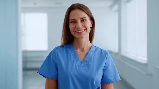 Smiling healthcare professional in scrubs standing in a bright hospital corridor. Represents dedication to patient care and medical professionalism
