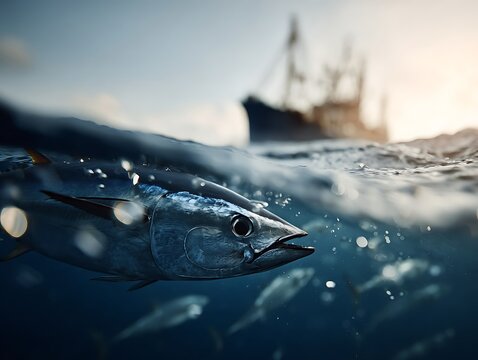 Tuna fish swimming near water surface with fishing boat silhouette above. World Tuna Day concept showing industrial fishing pressure on marine species