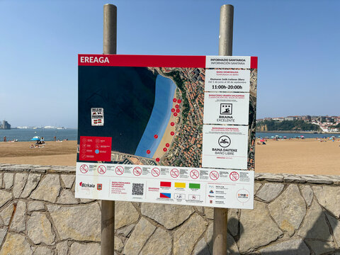 Sign Showing Ereaga Beach Information and Map at Ereaga Beach Spain