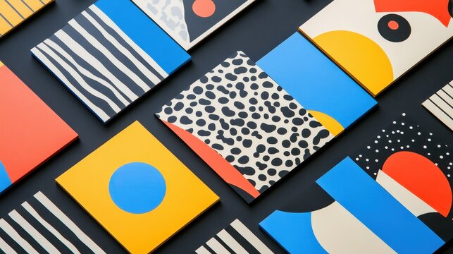 A Collection of Printed Products Showcasing Abstract Geometric Patterns in Bold Colors, Arranged Neatly