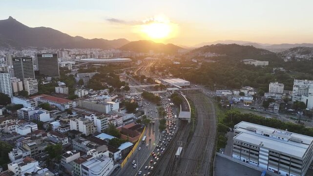 Maracana Stadium In Rio De Janeiro Brazil. Aerial View Of Soccer Stadium In The City With Modern Architecture. Building Industrial Skyline Bird View Vibrant. Sunset. Rio de Janeiro Brazil.