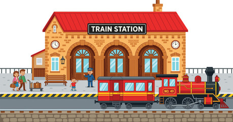 Train station cartoon illustration, railway platform with locomotive passengers and building, travel transport concept, city scene design © Vexora Studio