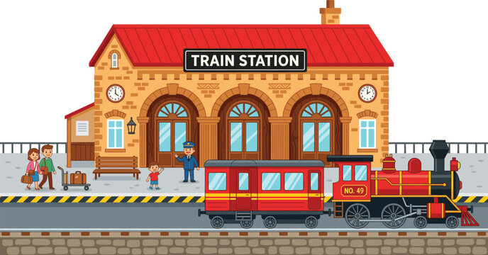 Train station cartoon illustration, railway platform with locomotive passengers and building, travel transport concept, city scene design