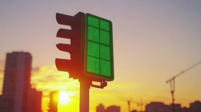 Modern solar-powered traffic signal with visible green energy panel illuminating the city skyline at sunset