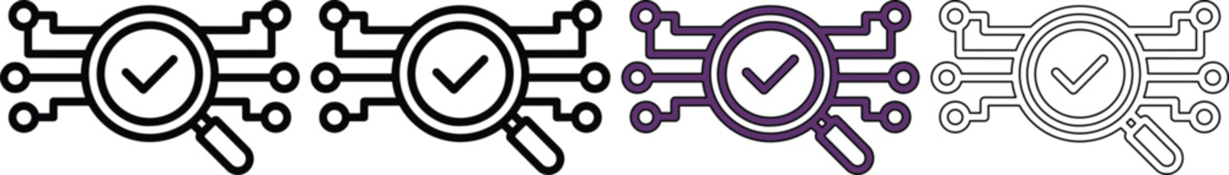 Four magnifying glass icons with check marks and circuit board designs in different colors and line styles for technology and inspection concepts  various vector graphics