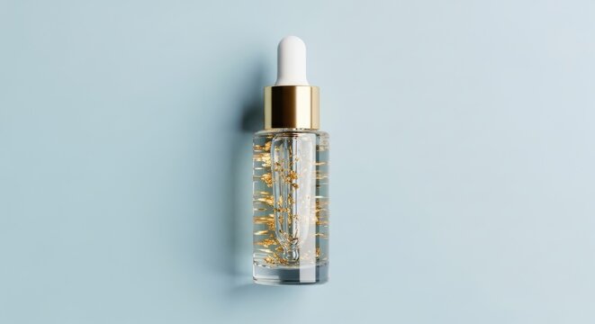 Luxury gold serum bottle with dropper on a soft blue background