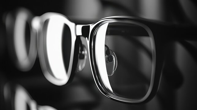 Close-up macro shot of modern silver-rimmed eyeglasses with clear lenses, showcasing sharp focus and reflective details in monochrome.