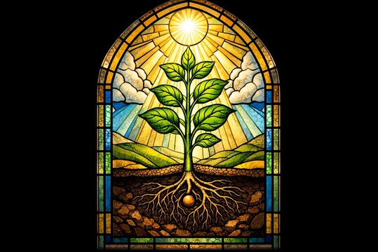 Stained glass style illustration of mustard seed growing into strong plant with visible roots and leaves reaching toward glowing light symbolizing faith spiritual growth and hope