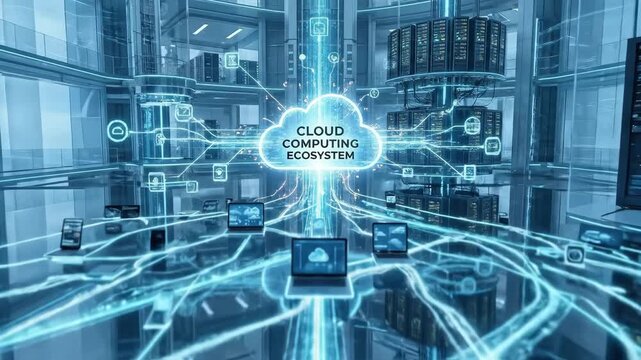 A conceptual cloud computing ecosystem visualized as interconnected devices and servers, glowing pathways linking laptops, smartphones, and data centers, clean digital environment with soft blue