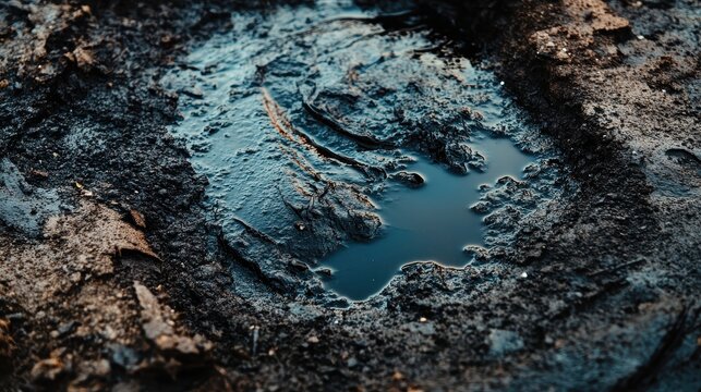 Close-up of dark, muddy industrial waste polluting a city river with dim urban lighting, highlighting environmental contamination.