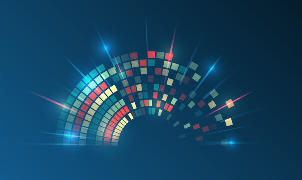 Abstract digital arc of colorful data blocks with glowing effects on dark blue background, symbolizing big data, analytics, technology flow, and modern information processing.