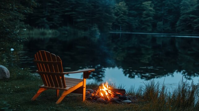 A Warm Bonfire Glows Beside a Calm Lake at Dusk With an Empty Adirondack Chair